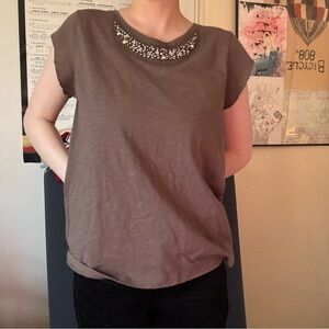 Lands' End Brown Short-Sleeve Top with Beaded Crew Neck
